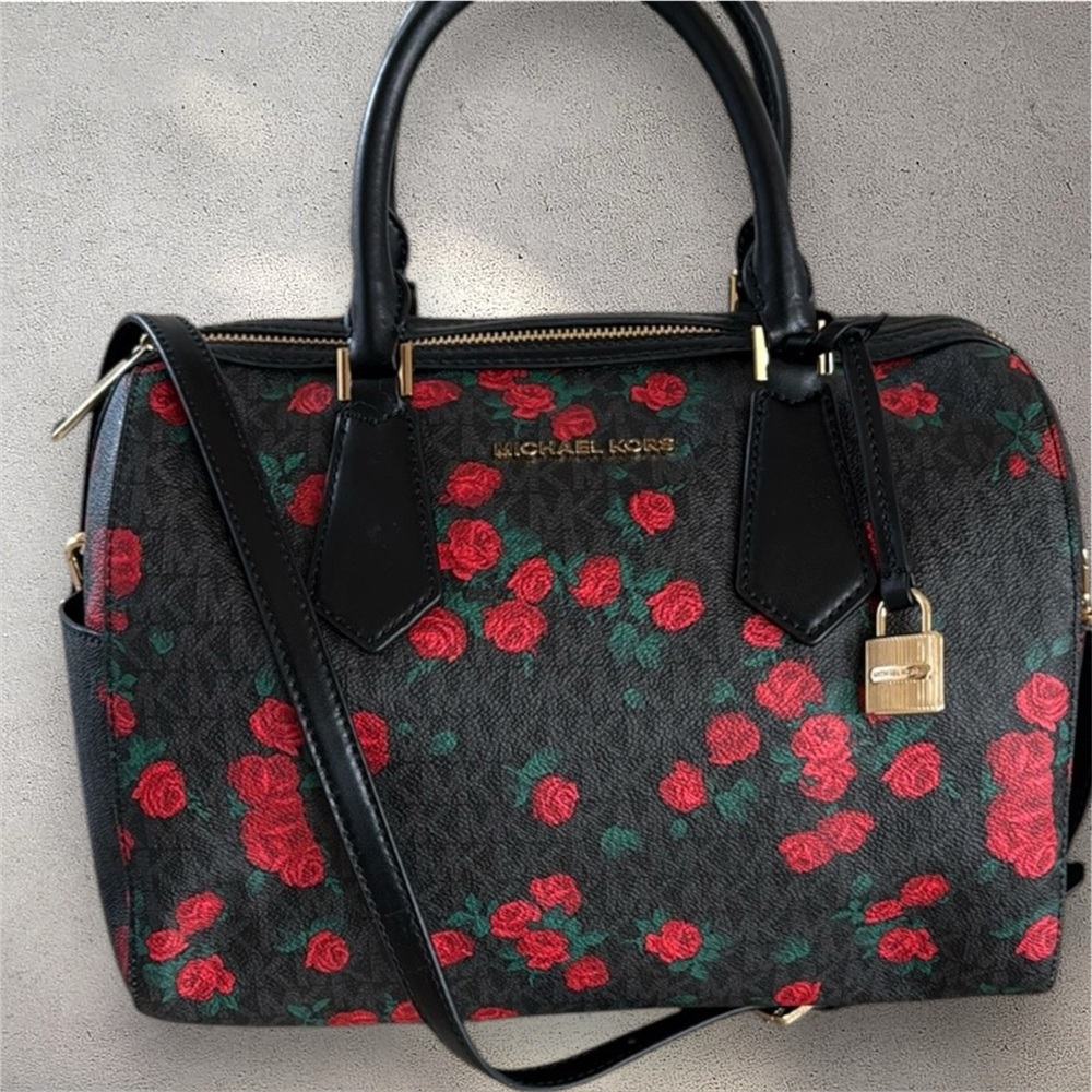 Michael Kors Hayes Black MK Signature Red Rose Duffle Bag